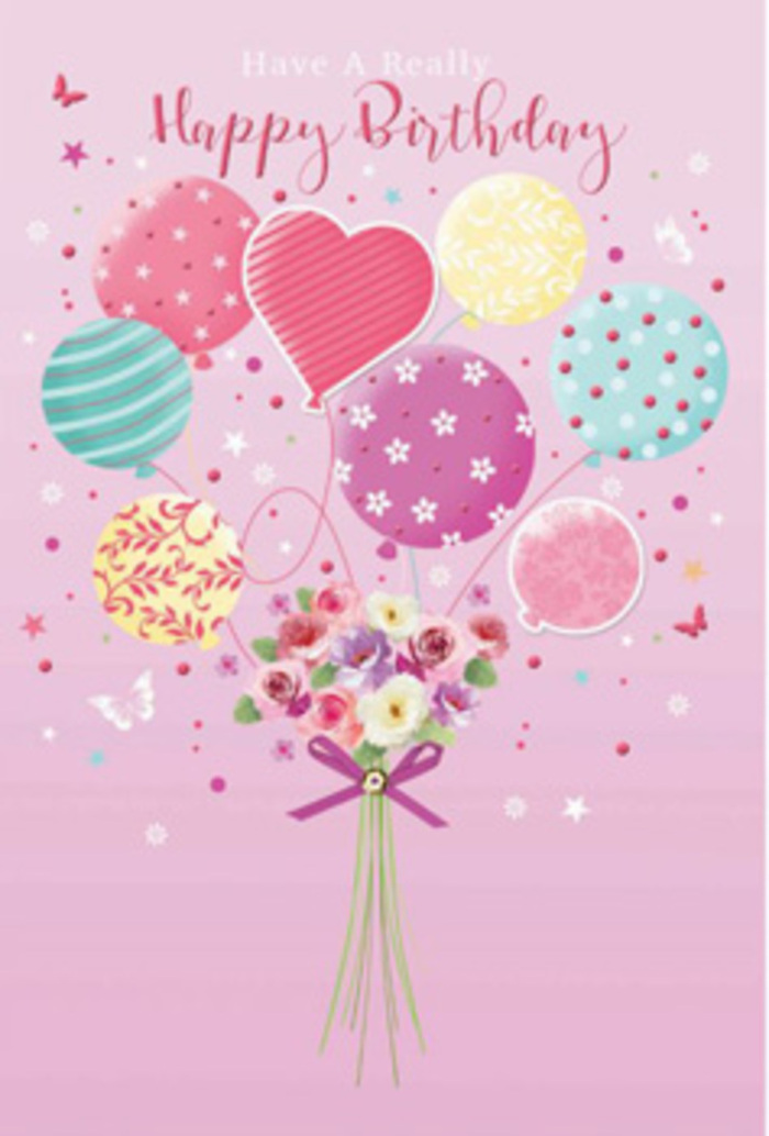 A softly radiant birthday scene unfolds in this illustration, where pastel balloons and a petite bouquet appear to float together as if carried on a breeze drifting over Broxbourne's leafy streets. The background is a tender blush pink, setting a calm yet joyful stage for the design. Above, an assortment of balloons rises in a loose, airy cluster, painted in hues of pale sunshine yellow, gentle fuchsia, minty green, and lavender. Their surfaces shimmer subtly, decorated with swirling ribbons, fine stripes, and scattered polka dots that add a sense of movement and happiness. At the base of this floating display, a small garden-like bouquet gathers tightly, featuring dainty roses and soft, daisy-style blossoms that shade from cream to rosy pink, as though lit by early morning light over Barclay Park. The flowers look freshly opened, their petals velvety and layered, creating a plush texture you can almost feel with your fingertips. A neat purple bow ties the stems together, the satin-like ribbon catching the same soft light that glows across the balloons above. Gentle illumination washes over the entire image, enhancing every pastel tone and highlighting the rounded shapes, so the whole composition feels weightless and celebratory. There's a sense of tender jubilation, the kind of quiet joy that accompanies a thoughtfully chosen birthday surprise delivered to a doorstep in Broxbourne. The artwork suggests a florist's expert eye for balance and colour, where each butterfly-like flick of pattern on the balloons and each petal in the bouquet has been carefully considered to create a feeling of being cherished on one very special day.