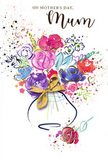 On this Mother's Day card, a lively watercolour bouquet bursts from the centre of the page, an artistic echo of a hand-tied arrangement freshly finished on a Broxbourne florist's workbench. Broad strokes of lush purple, fuchsia, and rose-pink flowers are laced with darker indigo outlines, giving each blossom shape while keeping the painting loose and flowing. Pale splashes of sky blue and lavender weave between the warmer tones, suggesting cool, calming blossoms tucked among brighter heads, much like the mixed seasonal bunches seen in Broxbourne homes each spring. Subtle touches of metallic gold trace parts of the petals and leaves, catching the light like sunbeams glinting off the River Lea on a clear afternoon. All these colours gather into the suggestion of a curving vase, softly shaded with diluted blues and mauves, finished by an elegant golden bow that recalls the gentle crinkle of ribbon on a freshly wrapped gift. Around the central bouquet, tiny hearts, scattered paint droplets, and drifting colour specks dance across the white space, as though petals are falling in slow motion or confetti is being tossed in quiet celebration. The overall effect is both airy and heartfelt: a visual embrace that captures the warmth of saying Happy Mother's Day to a cherished mum in Broxbourne, without relying on detailed wording. To imagine it without seeing, think of a vibrant, painterly cloud of pinks, purples, and blues gathered into a soft vase shape, edged with a hint of gold and surrounded by playful splashes of colour, all radiating affection, gratitude, and the gentle joy of family.