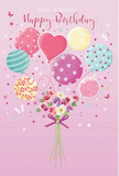 This birthday illustration captures a whimsical moment where pastel balloons and a hand-tied bouquet seem to rise together in a gentle, uplifting drift, like a joyful delivery making its way through Broxbourne. The background is a soft, powdery pink, providing a calm backdrop that lets every colour sing without overwhelming the eyes. Above, a cluster of balloons floats in graceful arcs, each one rendered in tender shades of blush, sea green, buttery yellow, and lilac. Their surfaces show playful personalities: some are wrapped in candy-like stripes, others dotted with light-hearted spots, and a few adorned with delicate swirls that suggest motion. Below this airy procession, a tight bouquet of fresh flowers gathers at the base - roses and daisy-like blooms in creamy ivory, blush pink, and gentle mauve, their petals appearing soft and layered, like miniature cushions of colour. The flowers are bound with a violet-purple bow that shines as though made of satin ribbon, its sheen echoing the gentle gloss on the balloons. Subtle light falls across the scene, highlighting edges, catching on curves, and deepening shadows just enough to add depth, as if the bouquet were resting on a table near a window looking out toward the New River. The overall mood is light, sweet, and quietly festive, reminiscent of an early-morning birthday surprise waiting to be discovered. It feels like the sort of thoughtful, artistic design a local Broxbourne florist would choose for someone who loves soft colours, playful details, and the feeling that their special day is being celebrated with care and imagination.